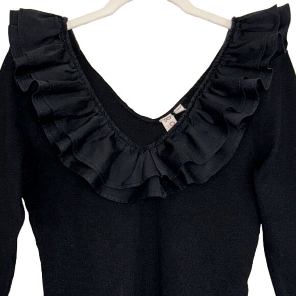 Dolan Left Coast Ruffled V-Neck Top Black M Ribbed Knit Feminine Ruffle Blouse - Picture 5 of 9